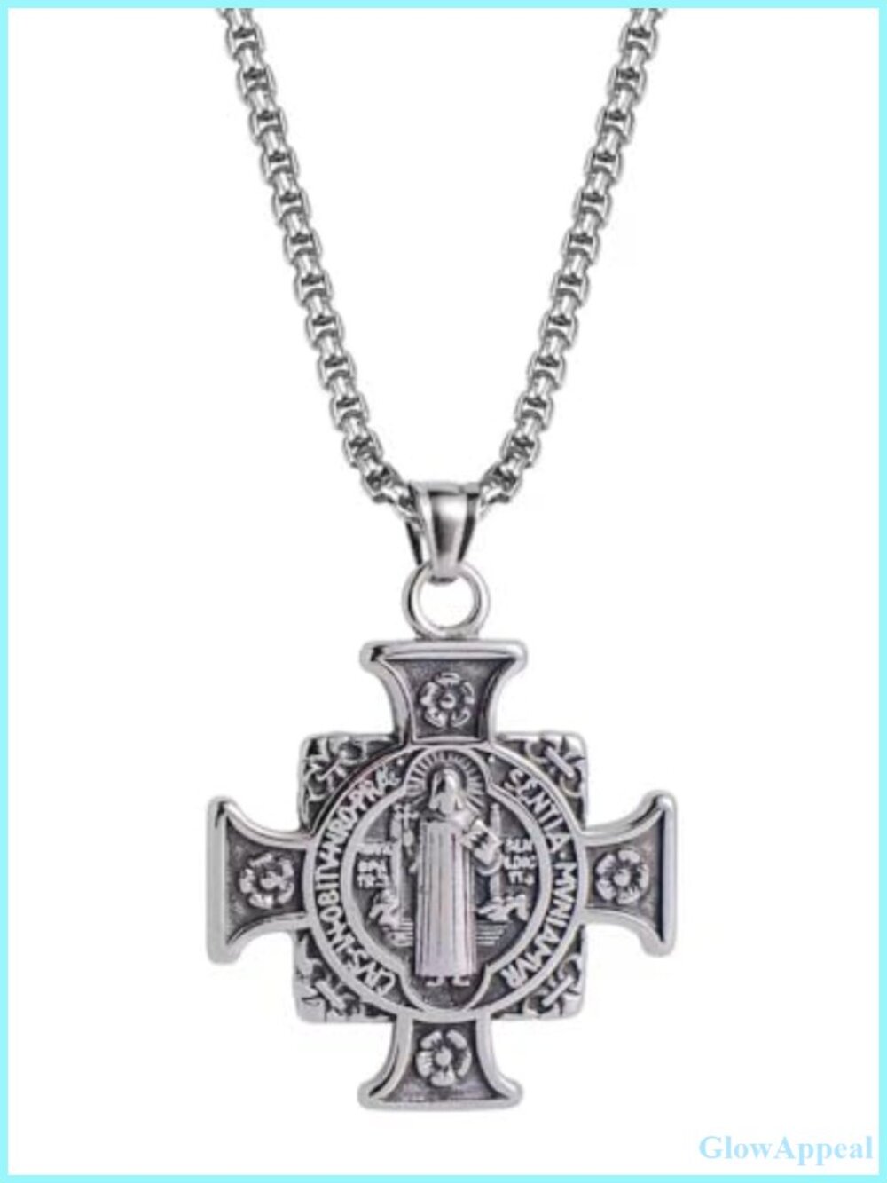 Stainless Steel St Benedict Cross Necklace 24" Christian Protection Pendant
